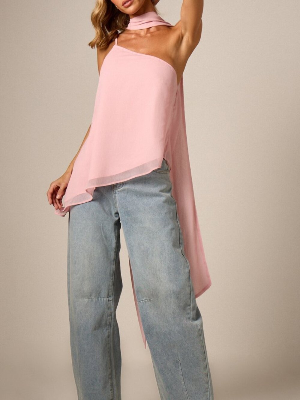 Pink Casual Women's Tie Dye Asymmetric Cloak Sleeve Long Chiffon Top